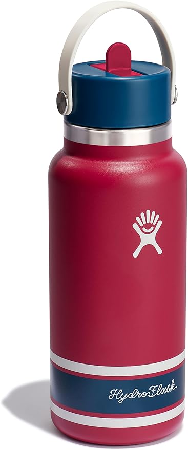 Hydro Flask Water Bottle - Insulated Stainless Steel - Wide Mouth Flex Straw Lid, Non Spill, Leakproof and Refillable in 32 Oz Campus Red