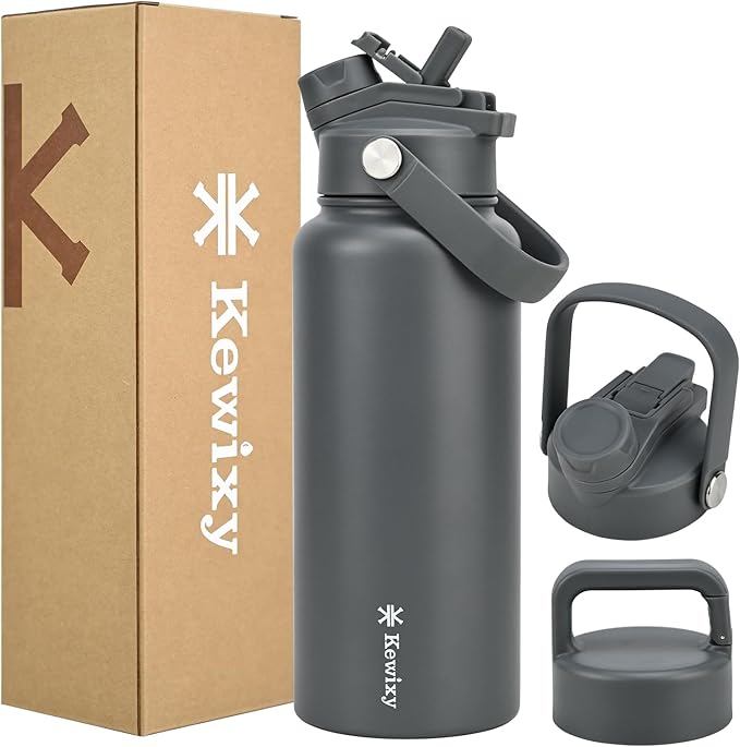 KEWIXY 32 oz Insulated Water Bottle, 2-in-1 Lid, Straw & Spout with Protected, Leak Proof, Keep Cold, Stainless Steel, Metal, Reusable, Handle, for Outdoor, Gym and School, 2 Lids, Char Gray
