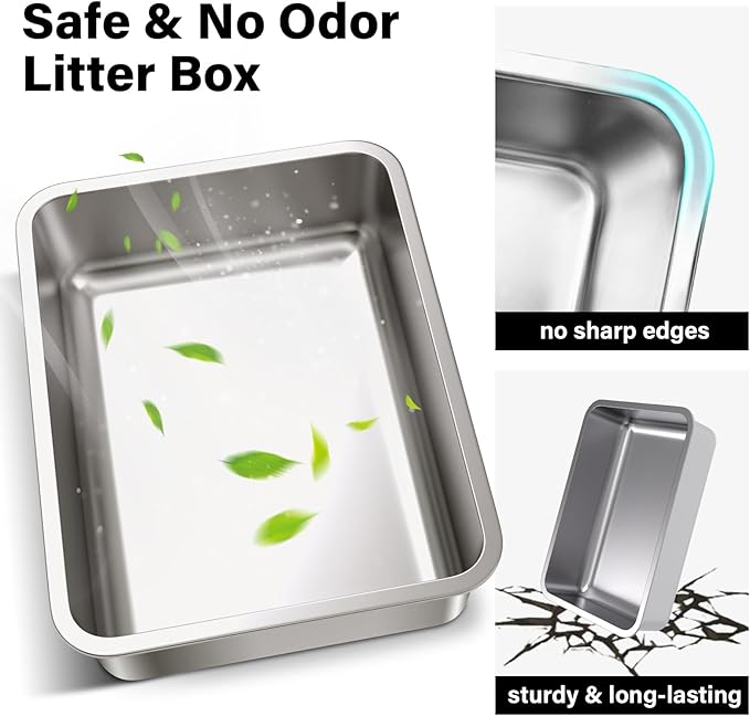 Stainless Steel Litter Box- 17.7" L x 13.77" W x 6" H Metal Cat Litter Box, Medium Cat Litterbox for Kitty or Rabbits,Non Stick, No Smell, Easy to Clean - AquaVibe