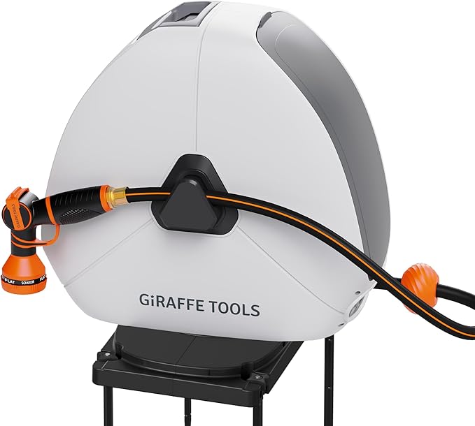 Giraffe Tools Ground Mounted Retractable Hose Reel 5/8 Inch x 92FT, Heavy Duty Automatic Rewind Garden Hose Reel, with Flexible Swivel Base for Lawn, Concrete Floor