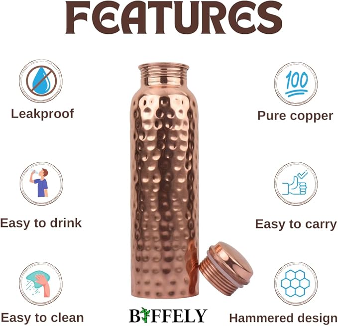 100% Pure Copper Water Bottle for Drinking – Extra Large 34 Oz Wide Mouth, Hammered Ayurvedic Copper Water Bottle – Handcrafted Leak-Proof Vessel, Reusable, BPA-Free & Travel Friendly