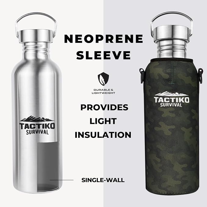 Tactiko Survival 25 oz/750 ml Stainless Steel Wide Mouth Water Bottle, Single Wall Boil-Safe, Leakproof, BPA-Free with Carry Sleeve and Strap for Camping, Hiking, Outdoor Prep (Camo)