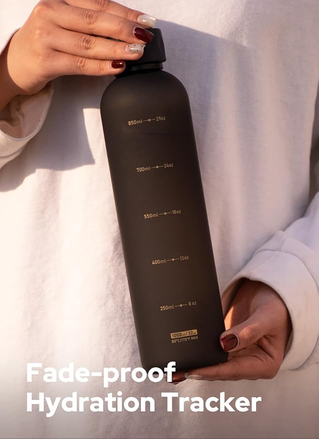 Opard Slim Pro Water Bottle 32oz, Plastic Water Bottle BPA-Free, Facetted Rubberized Grip-Texture Monocap, Leakproof Screw Top, Charcoal Black, Reusable for Travel School Sport Gym Hiking