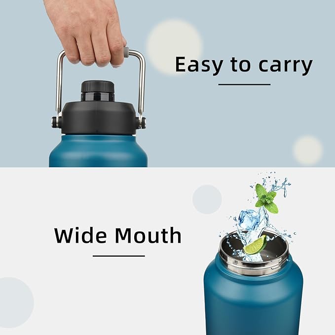 Half Gallon Jug with Handle,64 oz Insulated Water Bottle with Carrying Pouch,Double Wall Vacuum Stainless Steel Metal Bottle,Indigo Black