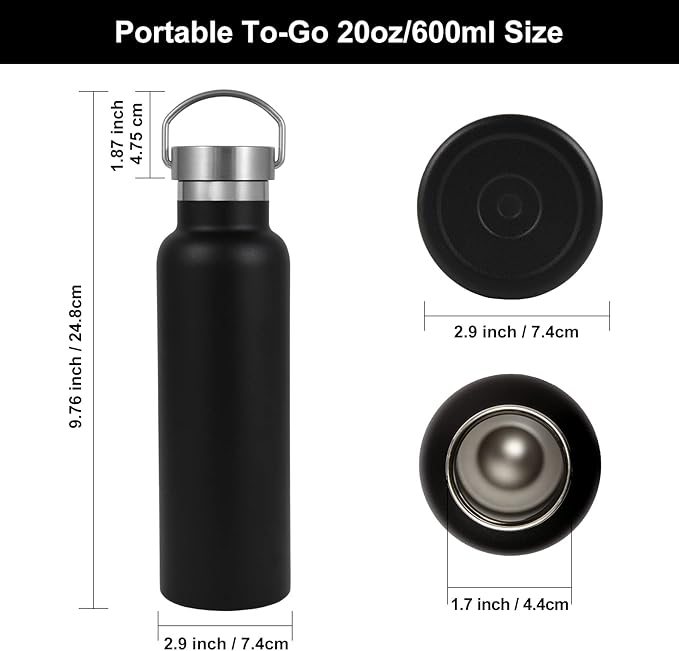 Neihepal Black Stainless Steel Water Bottles,20 Ounce Vacuum Insulated Double Wall Travel Bottle with Leak Proof Lid of Handle,Metal Reusable Standard Mouth Flask Thermoses for School,Hikers,Gift