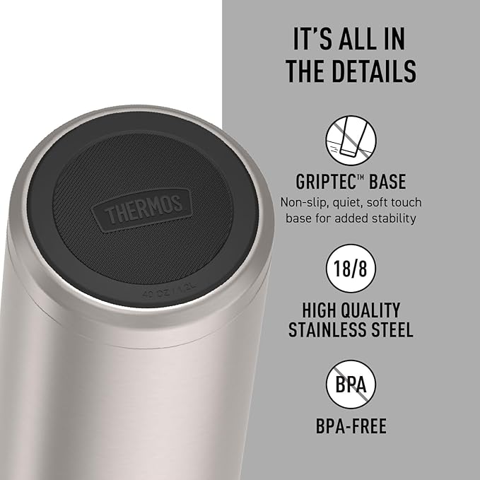 THERMOS ICON SERIES Stainless Steel Water Bottle with Screw Top Lid - 40 Ounce, Matte Stainless Steel - Vacuum Insulated Water Bottle with Lid