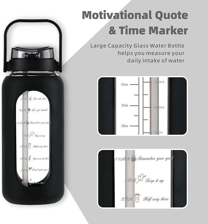 SIEROZUR 64 oz Glass Water Bottle with Straw and Handle Lid Half Gallon Motivational Glass Bottle with Silicone Sleeve and Time Marker Large Reusable Sports Water Jug for Gym Home Workout