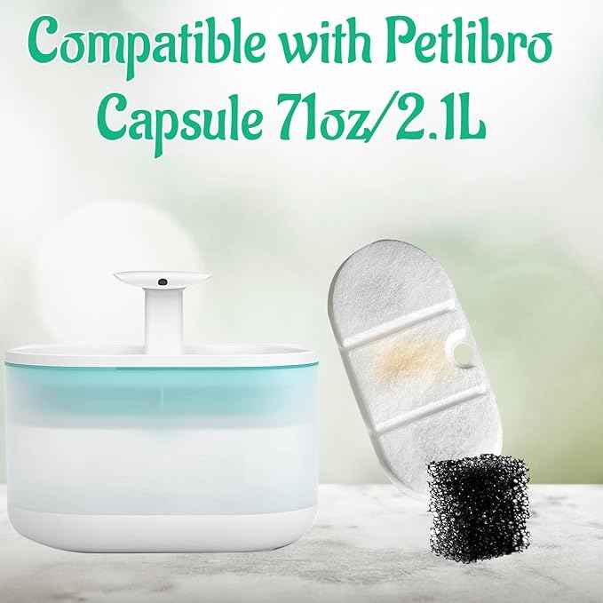 8 Pack Replacement Cat Water Fountain Filters with 8 Sponges Compatible with PETLIBRO Capsule Pet Fountain: PLWF002, 71oz/2.1L for Ultra Quiet Pet Water Fountain