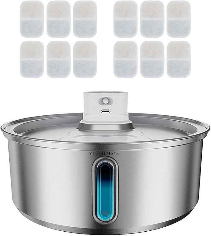 Wireless Cat Water Fountain Stainless Steel, Battery Operated, Cordless Pet Water Fountain for Cats & Dogs with Motion Sensor, Ultra Quiet Pump, 12 Filters (SS, 8L)