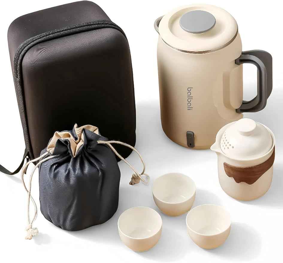 Complete Travel Tea Set with Mini Electric Kettle 0.6L, Hardshell Case for Portable Travel Hot Water Boiler, Teapot with Strainer, Cups and Protect Bag for Home, Office, and Camping White