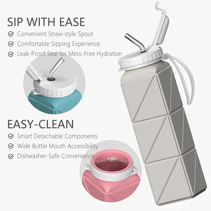 Collapsible Water Bottles 20.6oz 2 Pack, Silicone Foldable Portable Travel Water Bottle, BPA-Free Reusable Leakproof for Travel Camping Hiking Cycling Yoga Sports Outdoor (Pink+Starlight)