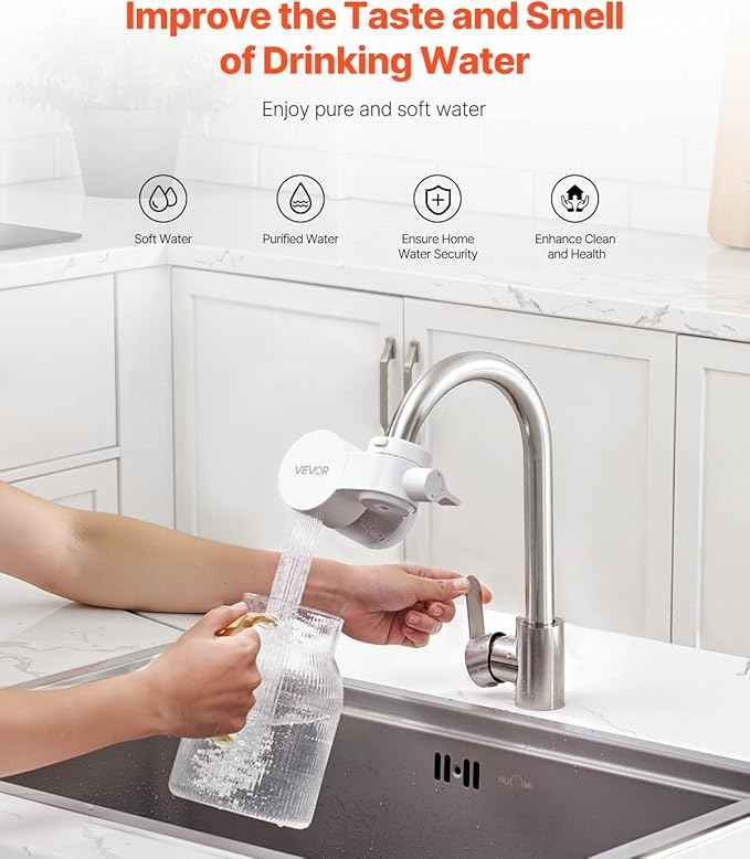 VEVOR Faucet Mount Water Filter, Horizontal Water Purifier for Sink Tap, NSF Certified Carbon Fiber Filter, Removes Chlorine Lead with 3 Filters, Fits Most Kitchen or Bathroom Faucets, White - AquaVibe