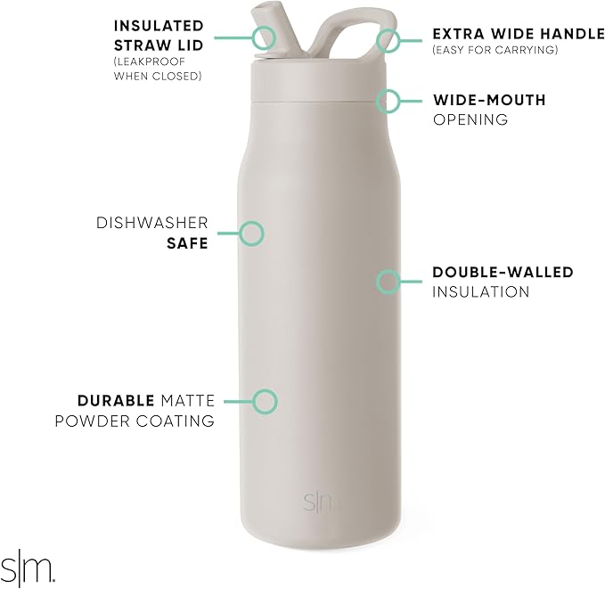 Simple Modern Water Bottle with Straw lid | Insulated Stainless Steel Thermos | Reusable Travel Water Bottles for Gym & Sports | Leak Proof & BPA Free | 34oz, Almond Birch