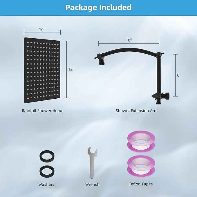 Hibbent All Metal cUPC Certified Rain Shower Head, 12'' High Pressure Rainfall Showerhead with 16" Shower Head Extension Arm, Solid Brass Adjustable Shower Arm Extender, fixed Showerheads, Matte Black