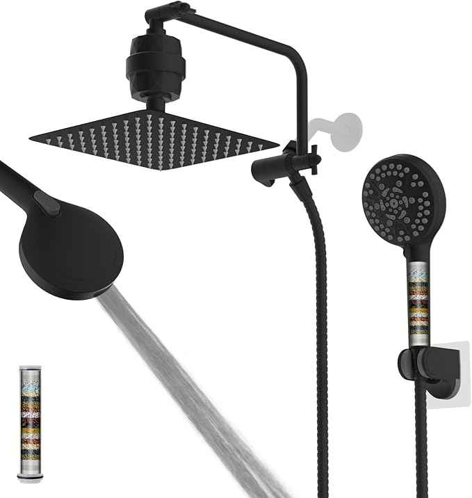 Filtered Shower Head, 10" High Pressure 10-Spray Handheld/Rainfall Shower Head Combo with 20 Stage Shower Filter, 11" Shower Extension Arm, 71" Hose, Shower Head Holder, Matte Black
