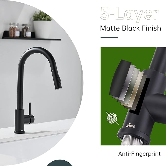 APPASO Black Kitchen Faucet with Soap Dispenser, Matte Black Kitchen Faucet with Pull Down Sprayer, 2-Mode Kitchen Sink Faucets, Modern Kitchen Faucet for RV/Bar Sink, Solid Stainless Steel