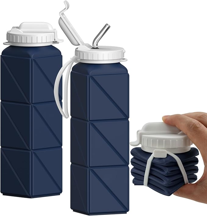 BEAUTAIL Collapsible Water Bottles with Straw 20.6oz, Silicone Foldable Portable Water Bottle, BPA-Free, Leakproof Reusable for Travel Camping Hiking Cycling Yoga Sports, 1 Pack (Dark Blue)