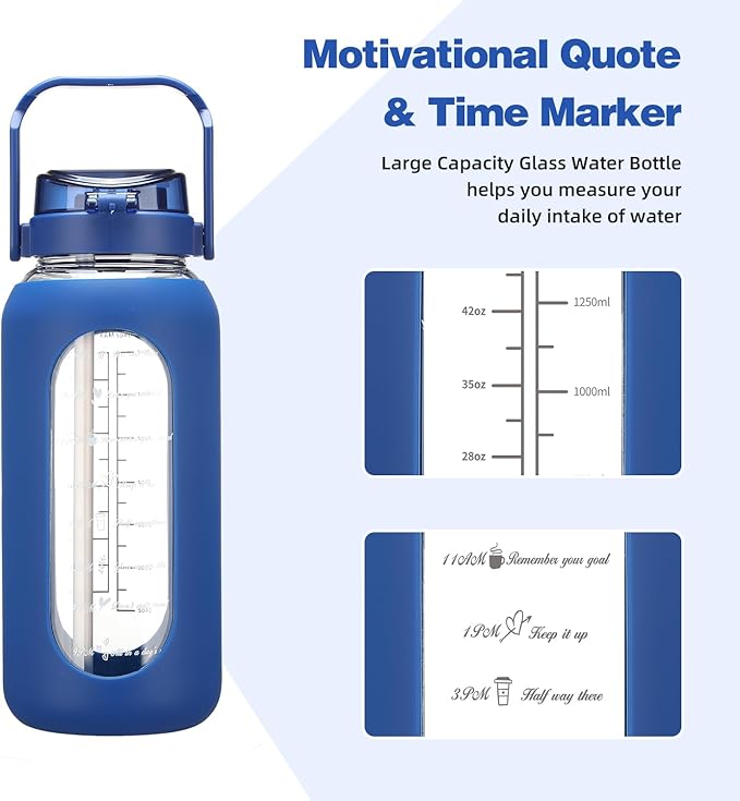 SIEROZUR 64 oz Glass Water Bottle with Straw and Handle Lid Half Gallon Motivational Glass Bottle with Silicone Sleeve and Time Marker Large Reusable Sports Water Jug for Gym Home Workout