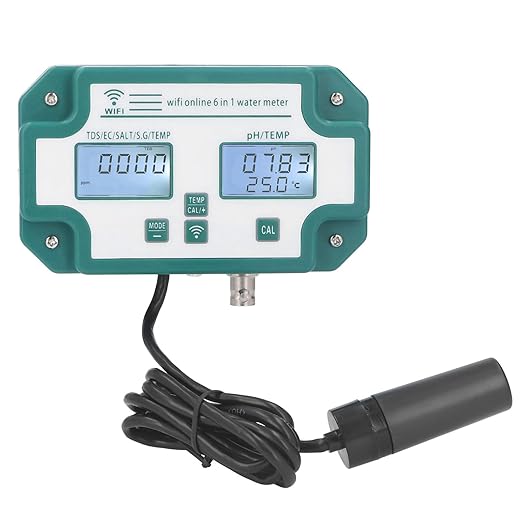 Water Quality Meter, 6 in 1 Multifunctional Water Tester TDS EC SG Salt Temperature Tester with Connection Multi Parameter Water Monitor for Pool, Aquarium, Fish Tank, (