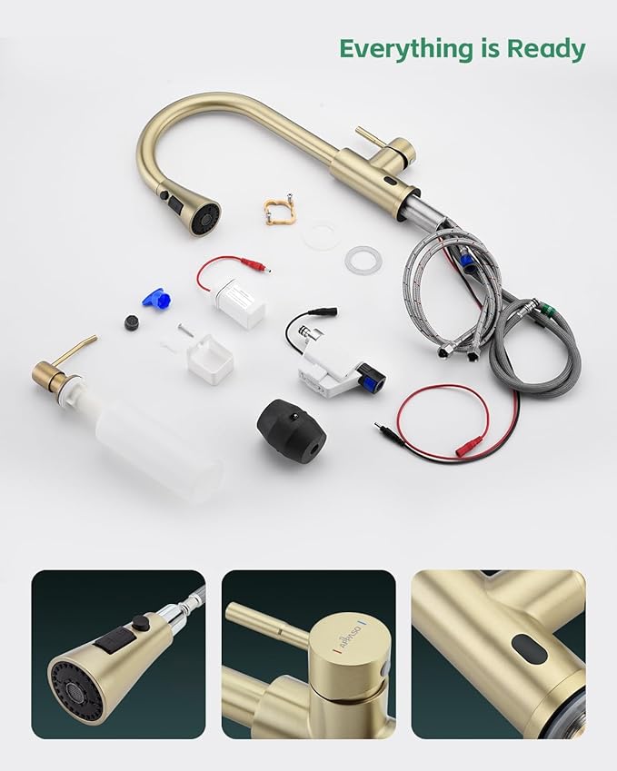 APPASO Gold Kitchen Faucet Touchless, Hands Free Sink Faucets with Soap Dispenser and Pull Down Sprayer 3 Modes, Motion Sensor Faucets for 1 to 4 Holes Sink with Deck Plate, High Arch & Single Handle