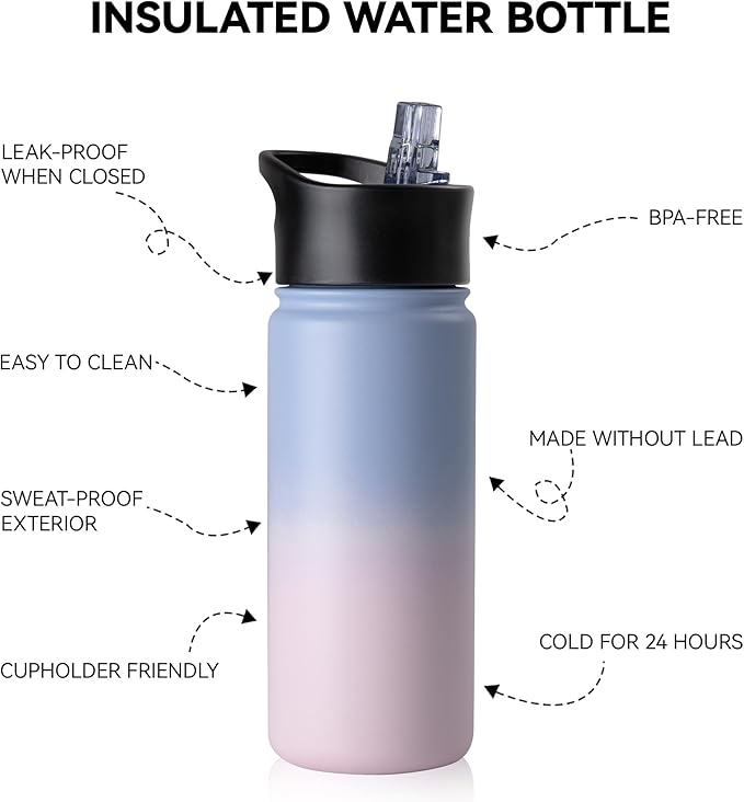 16 oz Insulated Water Bottle for School, Straw & Spout Lid, Keep Cold 24H, Spill Proof, BPA-Free, Double Wall Stainless Steel Kids Water Bottles for Sports, Gym, Travel, Pink Blue Gradient