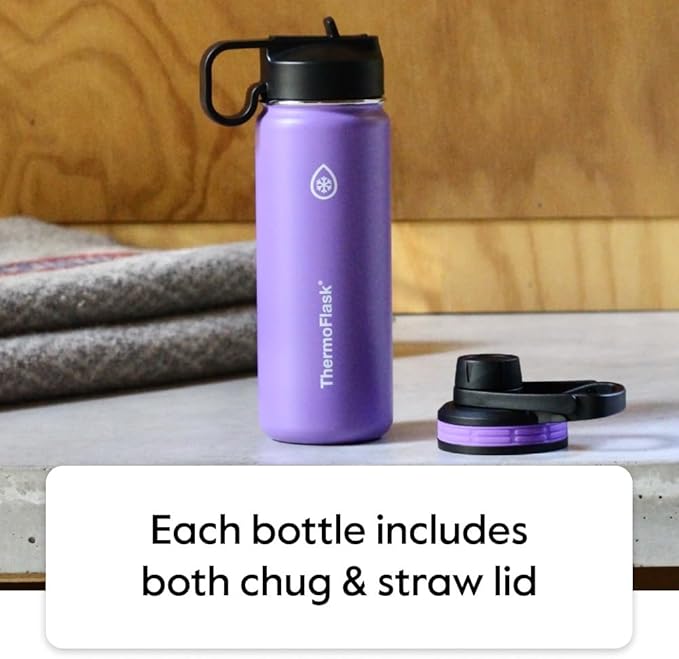 ThermoFlask Stainless Steel Water Bottles 2-Pack - Double-Wall Vacuum Insulated 40 oz BPA-Free Spout Lids - Keeps Drinks Cold 24 Hrs, Hot 12 Hrs - Leakproof, Dishwasher Safe, Superior Blue/Mauve