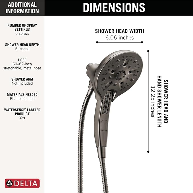 Delta Faucet 5-Spray In2ition 2-in-1 Dual Hand Held Shower Head with Hose, H2Okinetic Handheld Shower Head with Magnetic Docking, Black Handheld Shower Heads, Black Stainless 58620-KS-PR25-PK