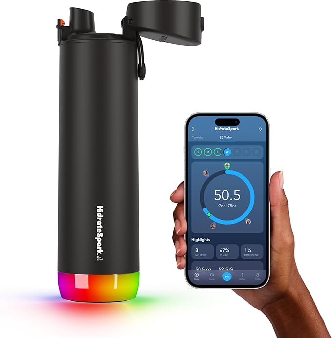 Hidrate Spark PRO Smart Water Bottle - Tracks Water Intake & Glows to Remind You to Stay Hydrated, Chug & Straw lid, 21oz (Black)