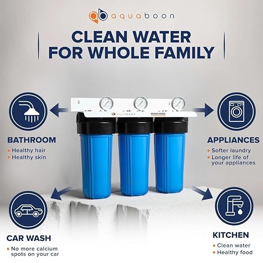Aquaboon 3-Stage Whole House Water Filtration System with 5 Micron 10x4.5 Reducing Sediment, KDF Heavy Metals and Carbon Chlorine Reduction Water Filter Purification Cartrige, Pressure Gauges, Wrench
