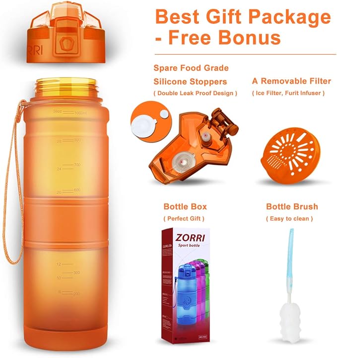 ZORRI Sports Water Bottle, 400/500/700ml/1L, BPA Free Leak Proof Tritan Lightweight Bottles for Outdoors,Camping,Cycling,Fitness,Gym,Yoga- Kids/Adults Drink Bottles with Filter, Lockable Pop Open Lid