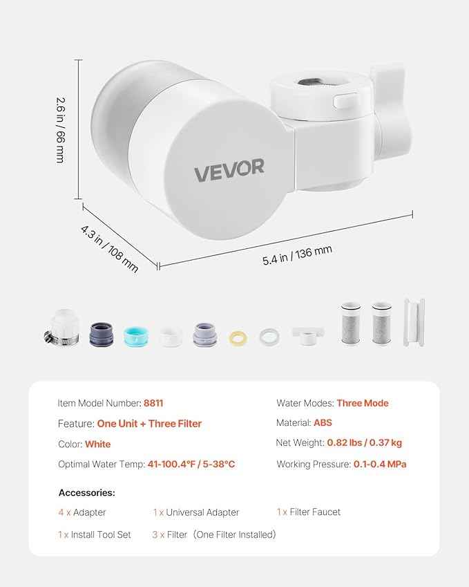 VEVOR Faucet Mount Water Filter, Horizontal Water Purifier for Sink Tap, NSF Certified Carbon Fiber Filter, Removes Chlorine Lead with 3 Filters, Fits Most Kitchen or Bathroom Faucets, White - AquaVibe