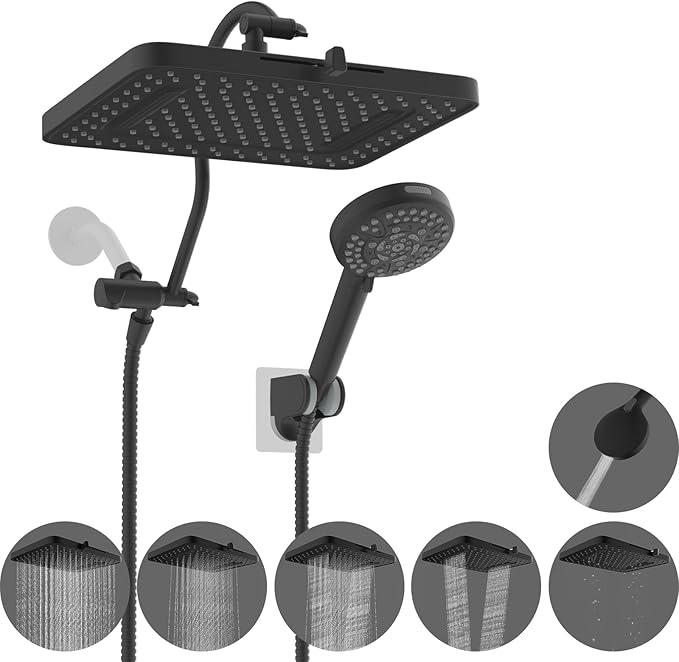 Hibbent Upgraded 5-spray 13'' Shower Head, High Pressure Rainfall Shower Head, Dual Showerhead Combo with 10-mode Handheld Spray, 12'' Adjustable Extension Arm, 71'' Hose, Shower Holder, Matte Black