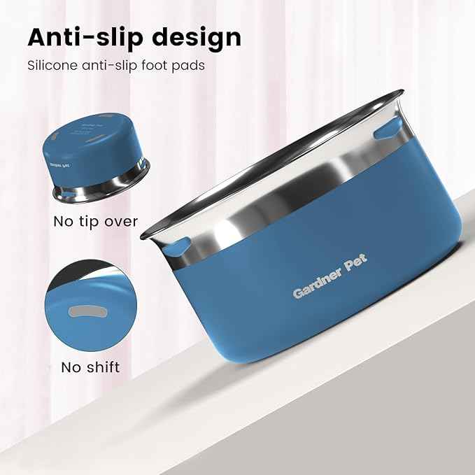 Gardner Pet Dog Bowls 1 Gallon (3.85L) Stainless Steel No Spill Dog Water Bowl, Slow Water Feeder Metal Bowls, Spill Proof Water Dispenser for Large Dogs, Promotes Healthy Hydration(Blue)