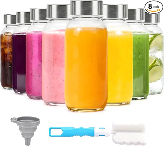 Luxfuel 8 oz Glass Water Bottles with Lids, 8 Pack Small Glass Juice Bottles with Stainless Steel Caps & Funnel, Leak-Proof Containers for Juicing, Milk, Ginger Shots, Smoothies, Wellness Drinks
