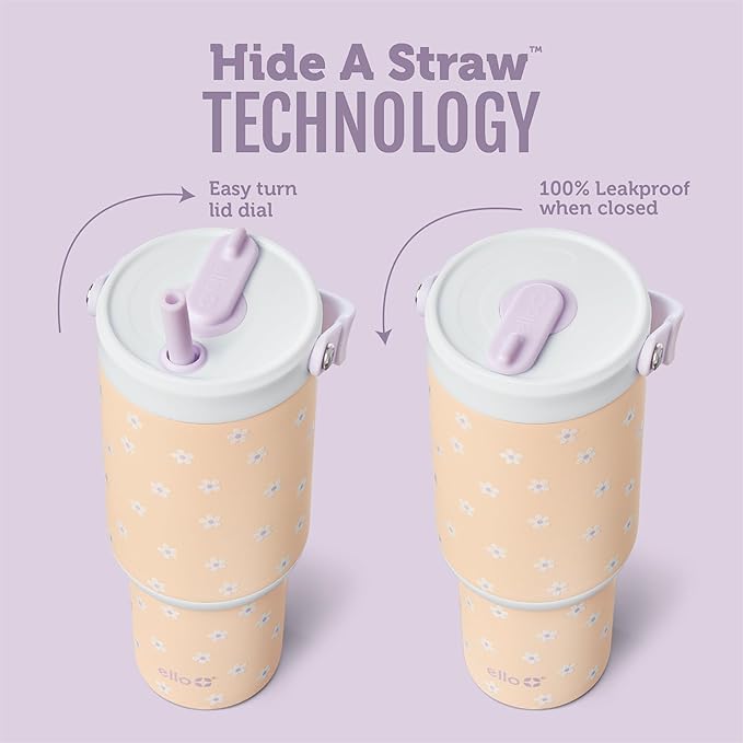 Ello Oasis Go+ 32oz Tumbler with Top Handle and Retracting Straw | Reusable Insulated Stainless Steel Cup, 100% Leakproof Water Bottle, 24 Hours Cold, Cup Holder Friendly For Travel | Daisies