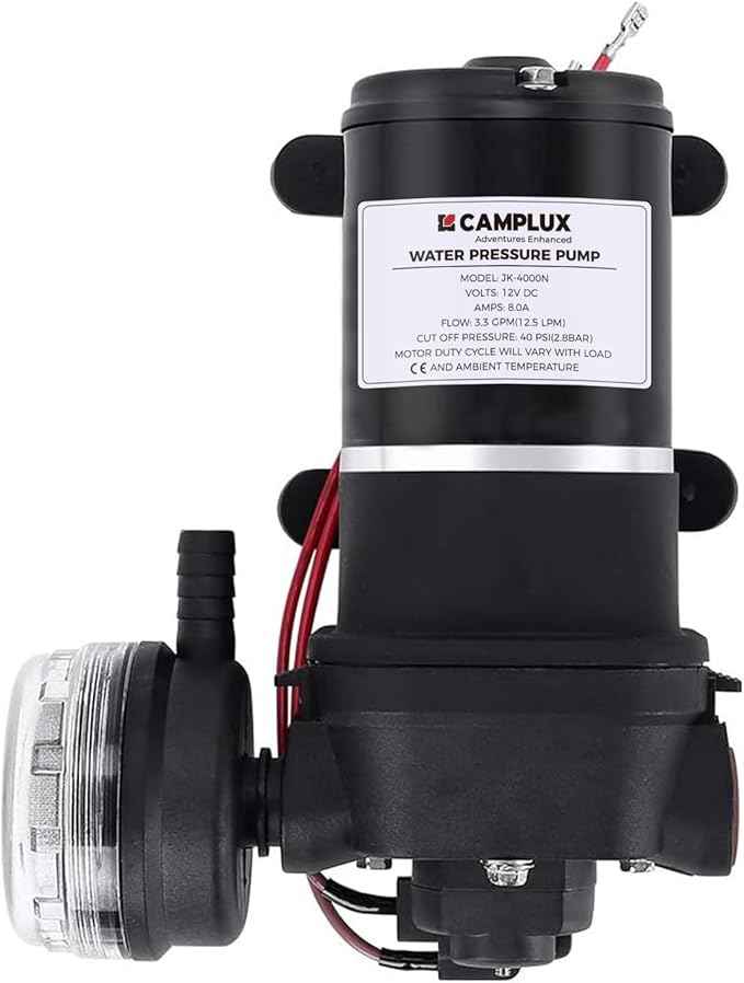 CAMPLUX DC 12V Water Pump with Strainer Filter, Self-Priming, 3.3 GPM Diaphragm Pump for RV, Caravan, Boat