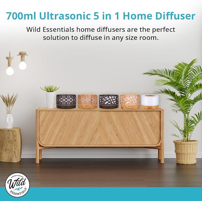 Wild Essentials 700ml Designer Large Room Essential Oil Diffuser, 5 in 1 Ultrasonic Aromatherapy Vaporizer Cool Mist Humidifier, Home, Office, Bedroom, Timer, Auto-Off, 7 Color LED (Dark Wood Hearts)
