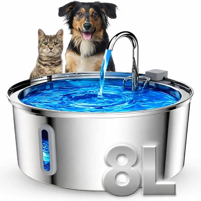 Stainless Steel Dog Water Fountain, 8L Large Automatic Water Dispenser for Cats, Dogs & Other pet, Quiet Filtered Fountain with Dual Outlets, USB Power Base for Home Use