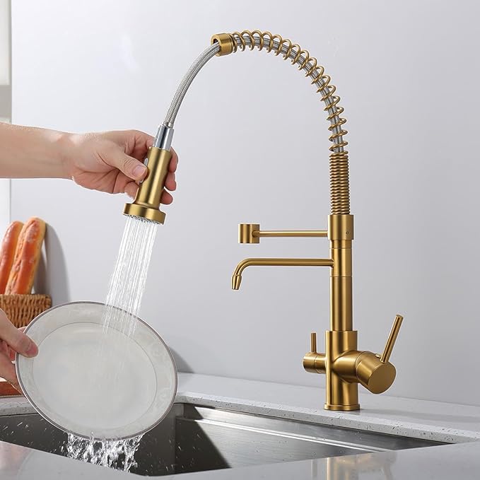 3 Way Kitchen Faucet, Drinking Water Faucet, Filter Kitchen Faucet for Water Filtration System, 3 in 1 Commercial Style Pull-Down 2 Handles, Brushed Gold