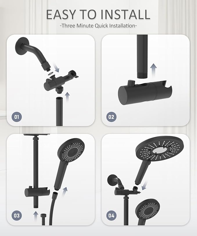 Filtered Shower Head with Handheld Shower Head High Pressure Rainfall System with Slide Bar Dual Filter Softener for Hard Water,6 Spray Modes,Adjustable Height,Black