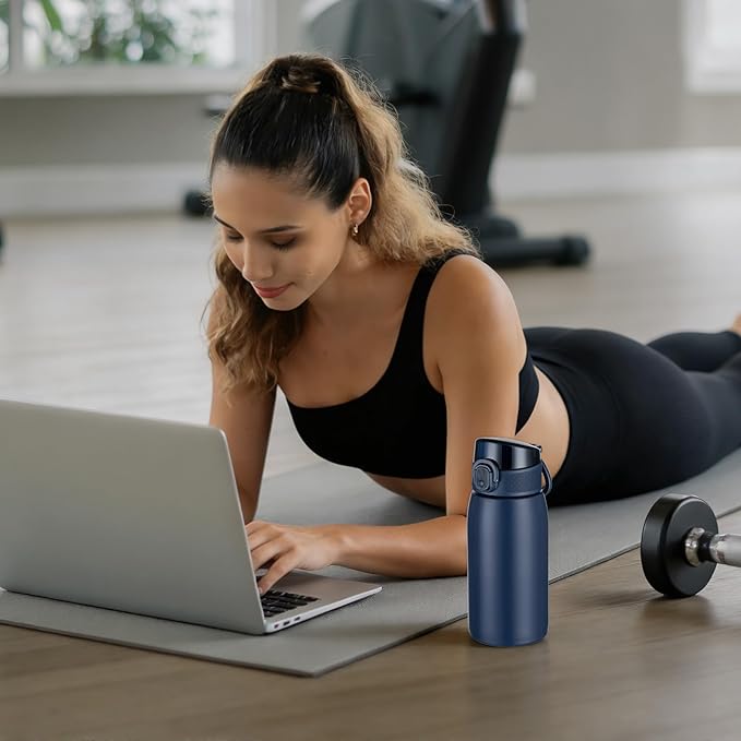 Insulated Water Bottle 12 oz with Dustproof Lid, Carry Handle & Tea Infuser, BPA-Free & Leakproof, Stainless Steel Water Bottles Ideal for Fitness, Hiking, Office & Outdoor Use （Dark Blue ）