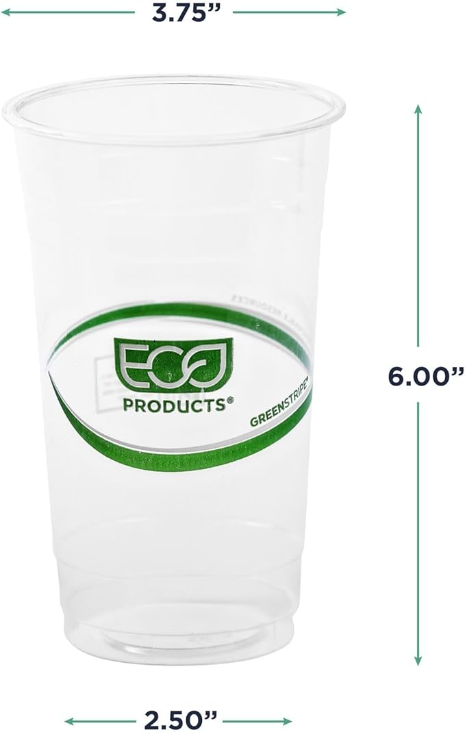 ECO PRODUCTS GreenStripe Clear Compostable 24oz PLA Large Plastic Cups, Case of 1000, Disposable Renewable Plant-Based Cold Cups, For Cold Drinks & Snacks, BPI Certified, ASTM Compliant.
