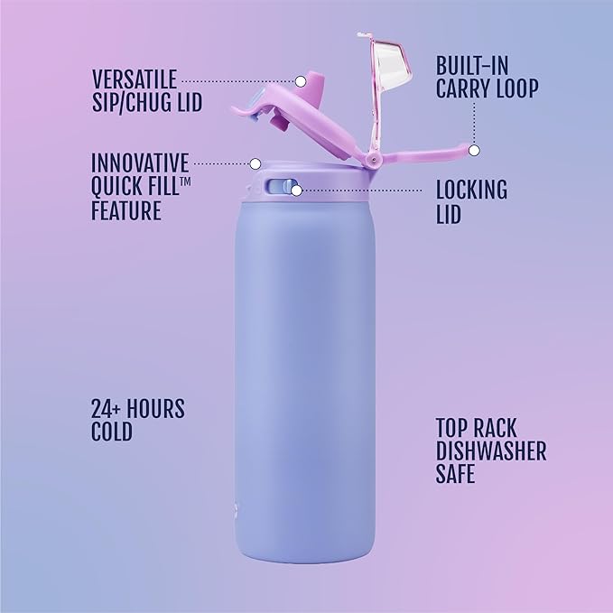 Ello Pop & Fill 18oz Stainless Steel Kids Water Bottle with Quick Fill Lid | Vacuum Insulated BPA Free Bottle with Leak Proof Straw and Chug Lid, Dishwasher Safe, Gift For Kids Teens, Lavender Fields