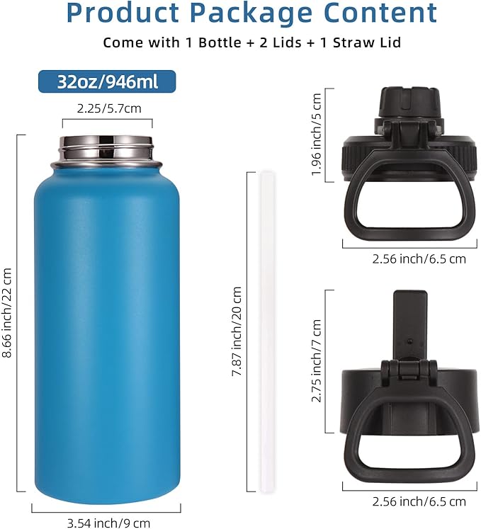 Volhoply 32 oz Water Bottle with Straw Lid & Spout Lid,Insulated Sports Water Bottle,Double Wall Vacuum Stainless Steel Cups,Leakproof Wide Mouth Metal Flask,Keeps Cold or Hot for Travel(Blue,1)
