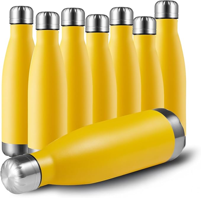 MEWAY 17oz Sport Water Bottle 8 Pack Vacuum Insulated Stainless Steel Leak-Proof Double Wall Cola Shape Water Bottle,Keep Drinks Hot & Cold (Yellow,8 Pack)