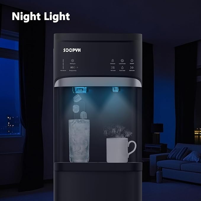Self Clean Water Cooler Dispenser and Ice Maker Bottom Load for 5 Gallon Ice 22lbs Daily Capacity 3 Temperature Settings Full Alert Night Light Black