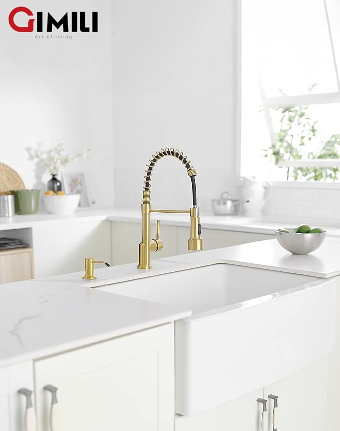 GIMILI Gold Kitchen Faucet with Soap Dispenser Single Hole Pull Down Sprayer LED Faucet, Suitable for Farmhouses, RV, Laundry Room, Outdoor, and Campers. Llave para fregadero de cocina
