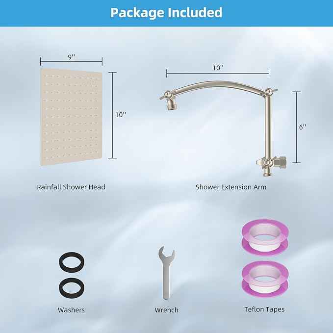 Hibbent All Metal cUPC Certified Rain Shower Head, 10'' High Pressure Rainfall Showerhead with 16" Shower Head Extension Arm, Brass Adjustable Shower Arm Extender, fixed Showerheads, Brushed Nickel