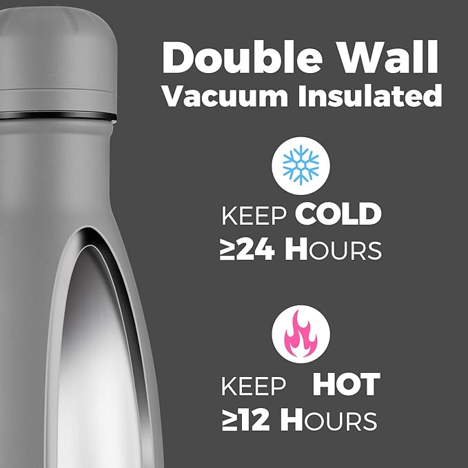 Volhoply 17oz Insulated Stainless Steel Water Bottle, Double Wall Vacuum Flask, Keeps Cold 24h & Hot 12h, Available in Packs of 1, 4, 8, or 12（Gray,1 Pack）