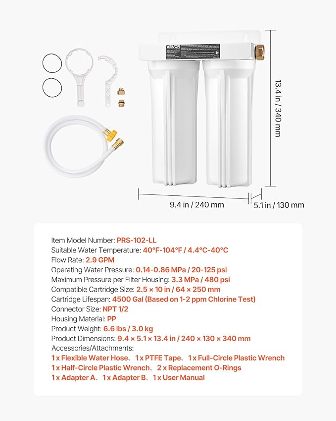 VEVOR RV Water Filter, 2-Cartridge 2.5 x 10 in Water Filter System for RV, Remove Sediments, Chlorine, Bad Tastes, Odors, and Most Contaminants, RV Filter for Campers, Boats, Vans